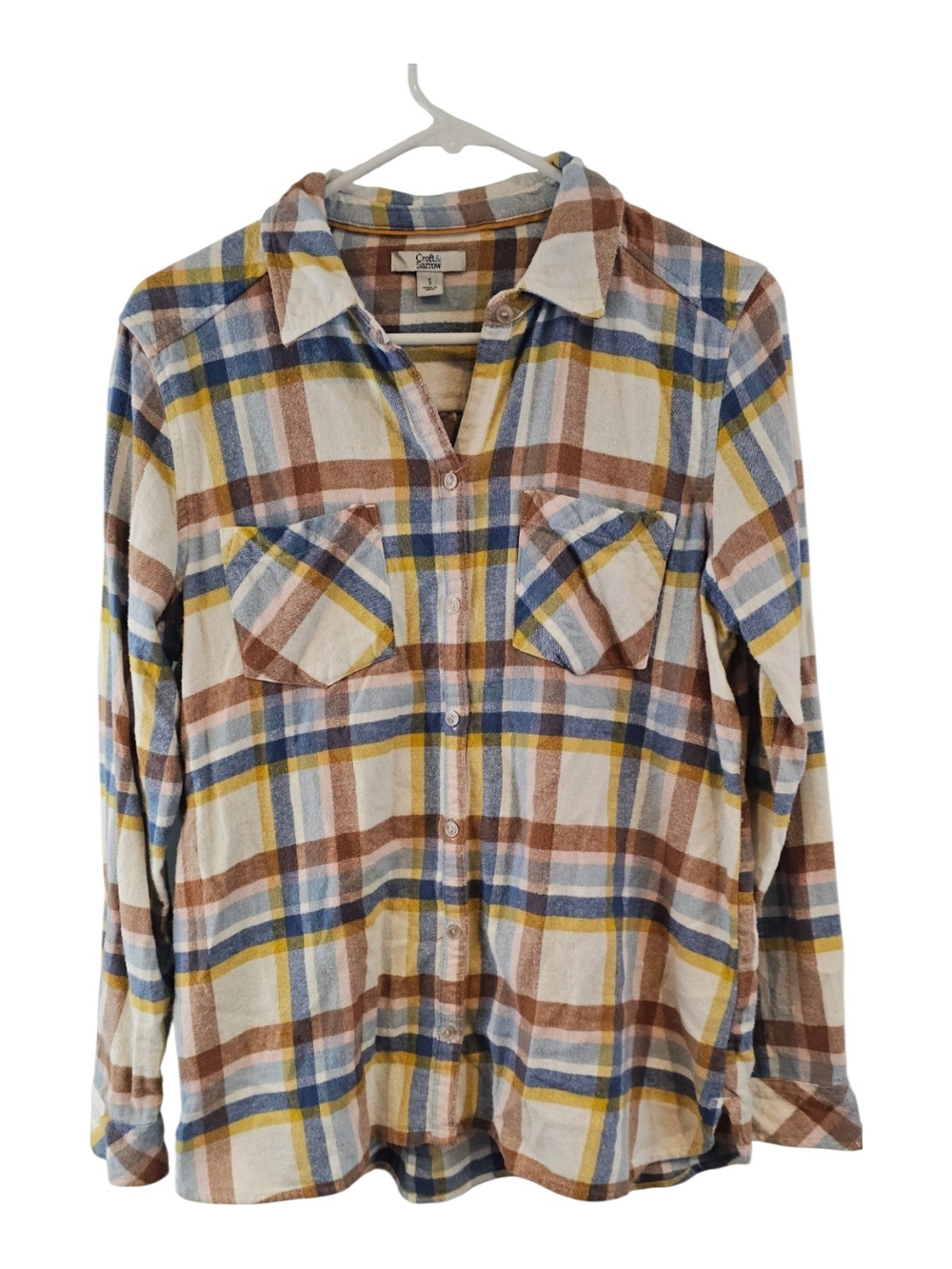 3/$25 Croft & barrow Flannel Plaid Button-Down Shirt Cream Brown & Blue Size S